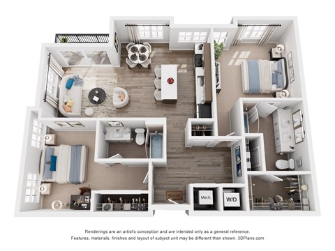 Floor plan for 2 beds, 2 baths, 1152 sqft